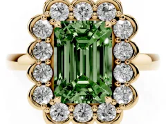 Fancy Green Emerald Cut Diamond Halo Cluster Engagement Ring Set in Yellow gold with Solitaire Band and Prong Setting