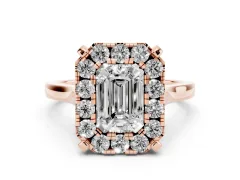 Emerald Cut Diamond Cluster Halo Solitaire Ring Set in Rose gold with Prong Setting