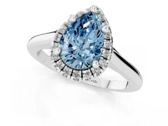 Fancy Blue Pear Cut Diamond Halo Engagement Ring Set in Silver with Pavé Band and Rising Shoulders