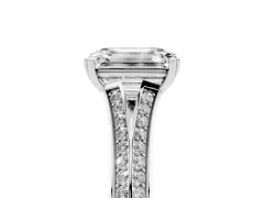 Emerald Cut Diamond Split Shank Pavé Engagement Ring Set in White gold with Prong-Set Center Stone
