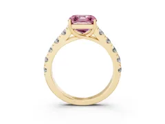 Fancy Pink Asscher Cut Diamond Solitaire Ring Set in Yellow gold with Cut-Down Micro Pavé Band and Prong Setting