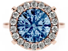 Fancy Blue Round Cut Diamond Cluster Halo Solitaire Ring Set in Rose gold with Prong Setting