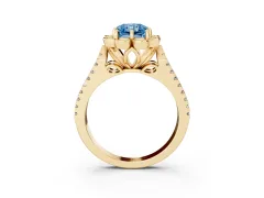 Fancy Blue Radiant Cut Diamond Floral Halo Split Shank Engagement Ring Set in Yellow gold with Pavé Shank