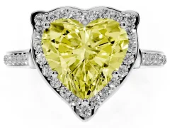Fancy Yellow Heart Cut Diamond Halo Ring Set in Platinum with Pavé-Lined Shoulders and Prong Setting