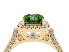 Fancy Green Radiant Cut Diamond Halo Ring Set in Yellow gold with Pavé-Lined Split Shank Band