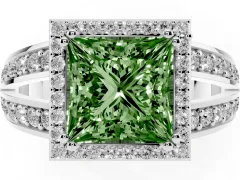 Fancy Green Princess Cut Diamond Halo Ring Set in Platinum with Double Pavé Split Shank