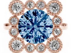 Fancy Blue Round Cut Diamond Cluster Halo Ring Set in Rose gold with Milgrain Bezel Accents and Plain Band