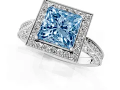 Fancy Blue Princess Cut Diamond Halo Engagement Ring Set in White gold with Accent Split Shank Band