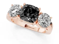 Fancy Black Cushion Cut Diamond Three-Stone Ring Set in Rose gold with Round Side Stones and Classic Band
