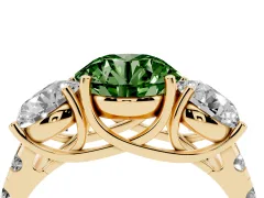 Fancy Green Round Cut Diamond Three-Stone Ring Set in Yellow gold with Pavé Band