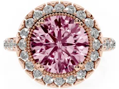 Fancy Pink Round Cut Diamond Halo Ring Set in Rose gold with Pavé Shank and Prong Setting