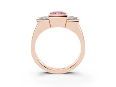 Fancy Pink Radiant Cut Diamond Three-Stone Channel Set Ring Set in Rose gold with Smooth Polished Band