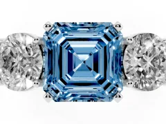 Fancy Blue Asscher Cut Diamond Three-Stone Ring Set in Platinum with Round Side Stones and Classic Band