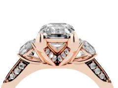 Fancy Yellow Emerald Cut Diamond Three-Stone Ring Set in Rose gold with Pavé Band and Smaller Side Stones