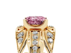 Fancy Pink Radiant Cut Diamond Art Deco Ring Set in Yellow gold with Pavé Split Shank