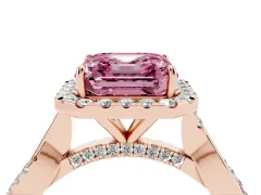 Fancy Pink Asscher Cut Diamond Halo Twist Band Solitaire Ring Set in Rose gold with Prong Setting