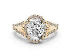 Oval Cut Diamond Halo Split Shank Pavé Ring Set in Yellow gold with Prong Setting