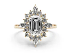 Emerald Cut Diamond Cluster Halo Ring Set in Yellow gold with Marquise and Round Accents