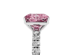 Fancy Pink Radiant Cut Diamond Pavé Solitaire Engagement Ring Set in Platinum with Prong Setting
