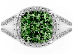 Fancy Green Cushion Cut Diamond Halo Split Shank Pavé Ring Set in White gold with Prong Setting