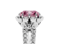 Fancy Pink Asscher Cut Diamond Floral Halo Split Shank Engagement Ring Set in Platinum with Pavé Shank