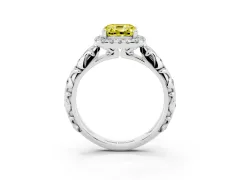 Fancy Yellow Cushion Cut Diamond Halo Ring Set in Platinum with Filigree Leaf Band and Prong Setting