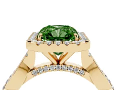 Fancy Green Radiant Cut Diamond Halo Twist Band Solitaire Ring Set in Yellow gold with Prong Setting