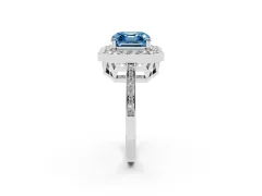 Fancy Blue Asscher Cut Diamond Halo Ring Set in White gold with Accent-Lined Split Shank and Prong Setting