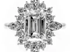 Emerald Cut Diamond Cluster Halo Ring Set in Silver with Marquise and Round Accents