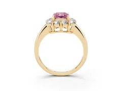 Fancy Pink Radiant Cut Diamond Halo Cluster Engagement Ring Set in Yellow gold with Polished Band and Prong Setting