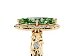 Fancy Green Marquise Cut Diamond Halo Ring Set in Yellow gold with Filigree Leaf Band and Prong Setting