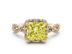 Fancy Yellow Princess Cut Diamond Halo Twist Band Solitaire Ring Set in Yellow gold with Prong-Set Center Stone