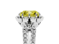 Fancy Yellow Asscher Cut Diamond Floral Halo Split Shank Engagement Ring Set in Silver with Pavé Shank