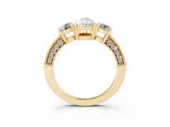 Pear Cut Diamond Three-Stone Ring Set in Yellow gold with Round Side Stones and Pavé Band