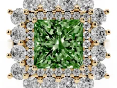Fancy Green Princess Cut Diamond Floral Double Halo Ring Set in Yellow gold with Round Petals