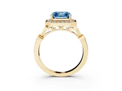 Fancy Blue Asscher Cut Diamond Halo Engagement Ring Set in Yellow gold with Twisted Band and Prong Setting