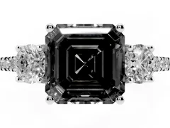 Fancy Black Asscher Cut Diamond Three-Stone Ring Set in Silver with Pavé Band and Graduated Sides