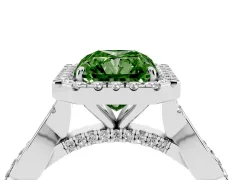 Fancy Green Radiant Cut Diamond Halo Twist Band Solitaire Ring Set in Silver with Prong Setting