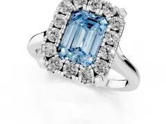 Fancy Blue Emerald Cut Diamond Cluster Halo Solitaire Ring Set in Silver with Prong Setting
