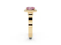 Fancy Pink Radiant Cut Diamond Halo Ring Set in Yellow gold with Pavé-Lined Split Shank Band