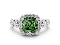 Fancy Green Cushion Cut Diamond Halo Ring Set in Silver with Filigree Leaf Band and Prong Setting