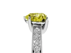 Fancy Yellow Heart Cut Diamond Solitaire Ring Set in Silver with Milgrain-Edged Pavé Band and Prong Setting