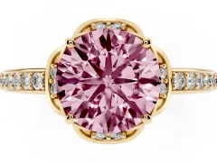 Fancy Pink Round Cut Diamond Halo Ring Set in Yellow gold with Channel Set Band and Prong Setting