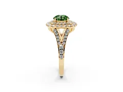 Fancy Green Round Cut Diamond Double Halo Ring Set in Yellow gold with Pavé Split Shank and Prong Setting