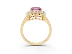 Fancy Pink Princess Cut Diamond Halo Cluster Engagement Ring Set in Yellow gold with Solitaire Band and Prong Setting