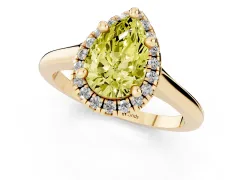 Fancy Yellow Pear Cut Diamond Halo Engagement Ring Set in Yellow gold with Pavé Band and Rising Shoulders