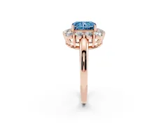 Fancy Blue Radiant Cut Diamond Halo Cluster Engagement Ring Set in Rose gold with Polished Band and Prong Setting