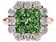 Fancy Green Princess Cut Diamond Milgrain Halo Solitaire Ring Set in Rose gold with Bezel Set Side Stones and Pavé Band