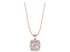 Round Diamond Cushion Halo Pendant Set in Rose gold with Four-Prong Center