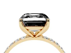Fancy Black Asscher Cut Diamond Solitaire Engagement Ring Set in Yellow gold with Round Pavé Band and Prong Setting